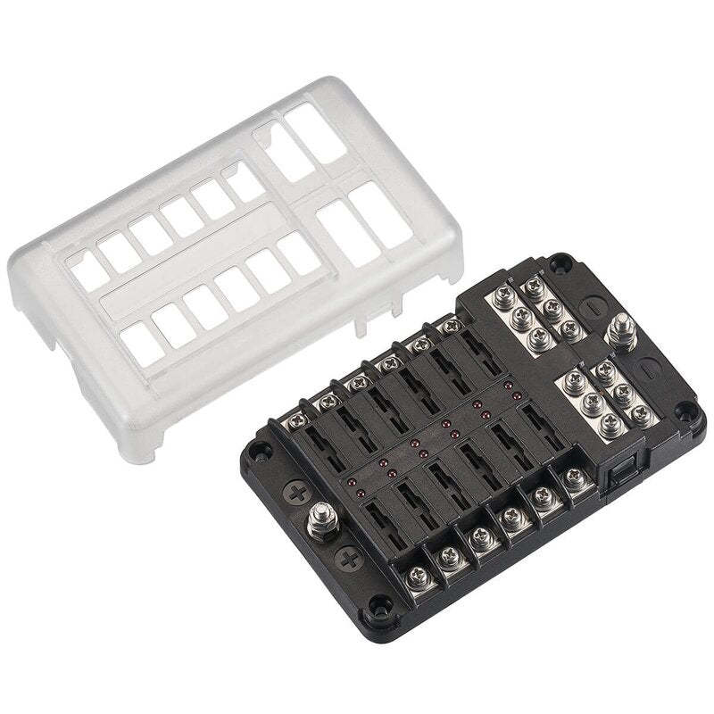 KFZ-Flachsicherungshalter mit LED & Negativanschluss (12 Sicherungen 30A/32V DC, Schraubanschluss)
