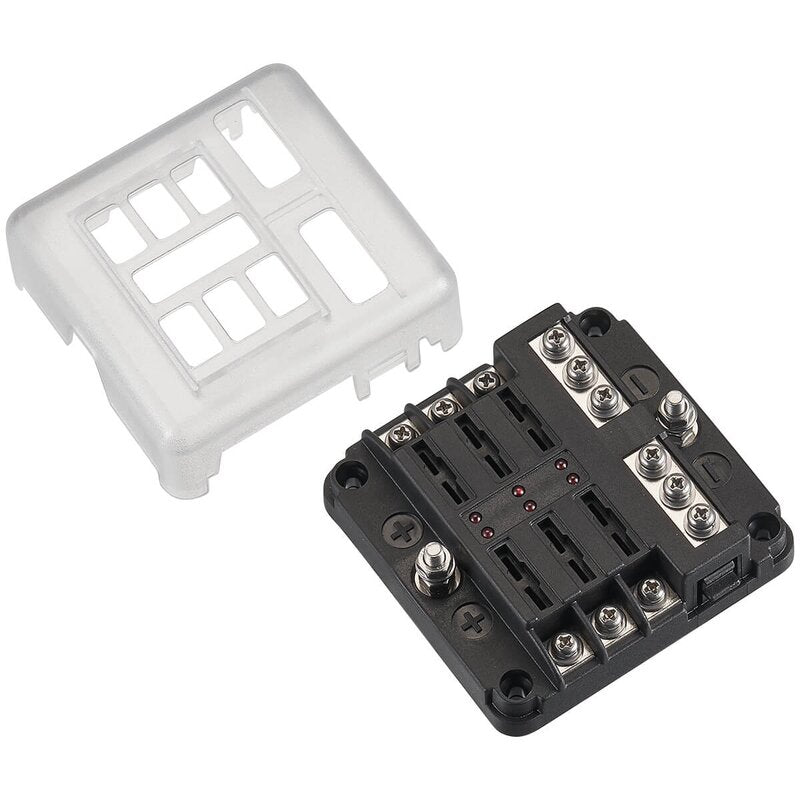 KFZ-Flachsicherungshalter mit LED und Negativanschluss (6 Sicherungen 30A/32V DC, Schraubanschluss)