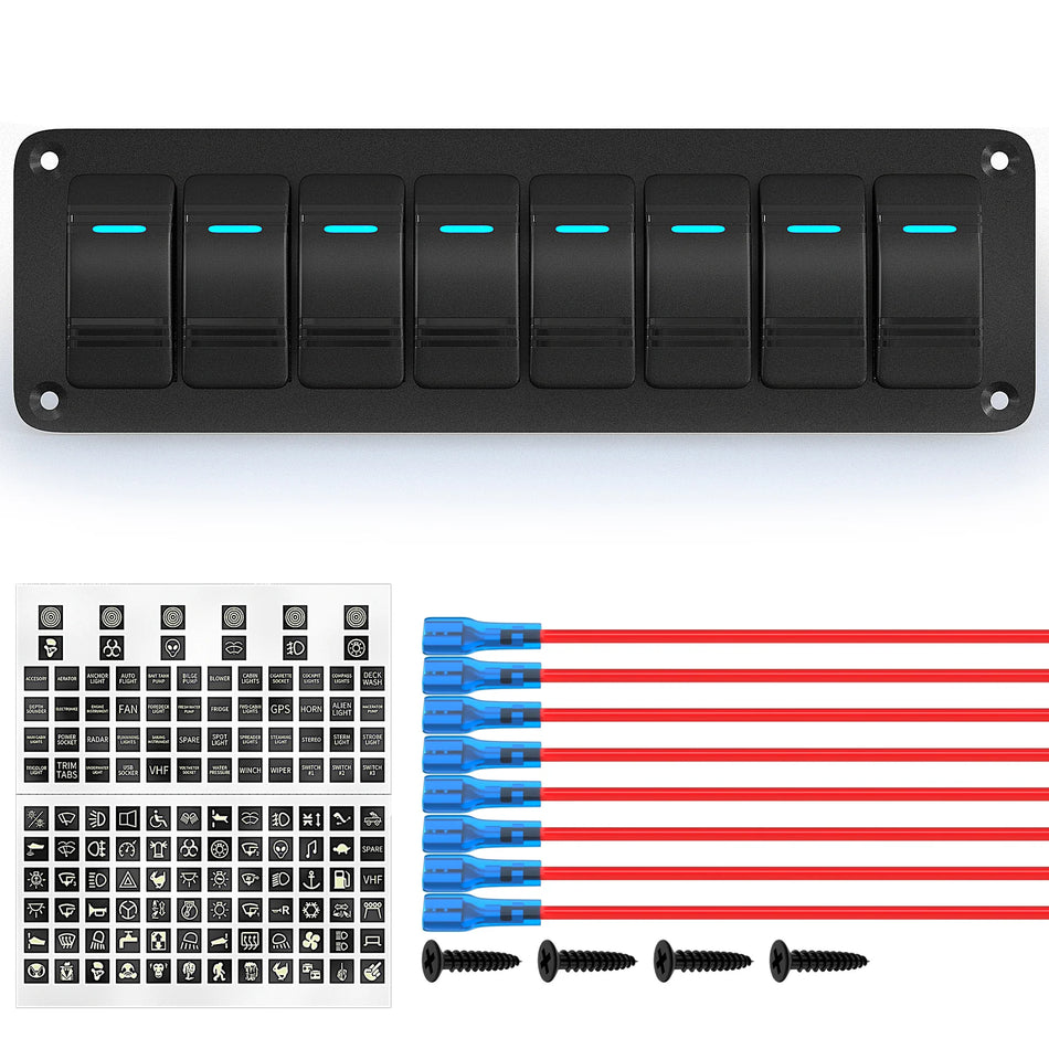 Panneau de commande en aluminium de qualité marine | 12V/24V | 8 voies pré-câblées, 5 broches