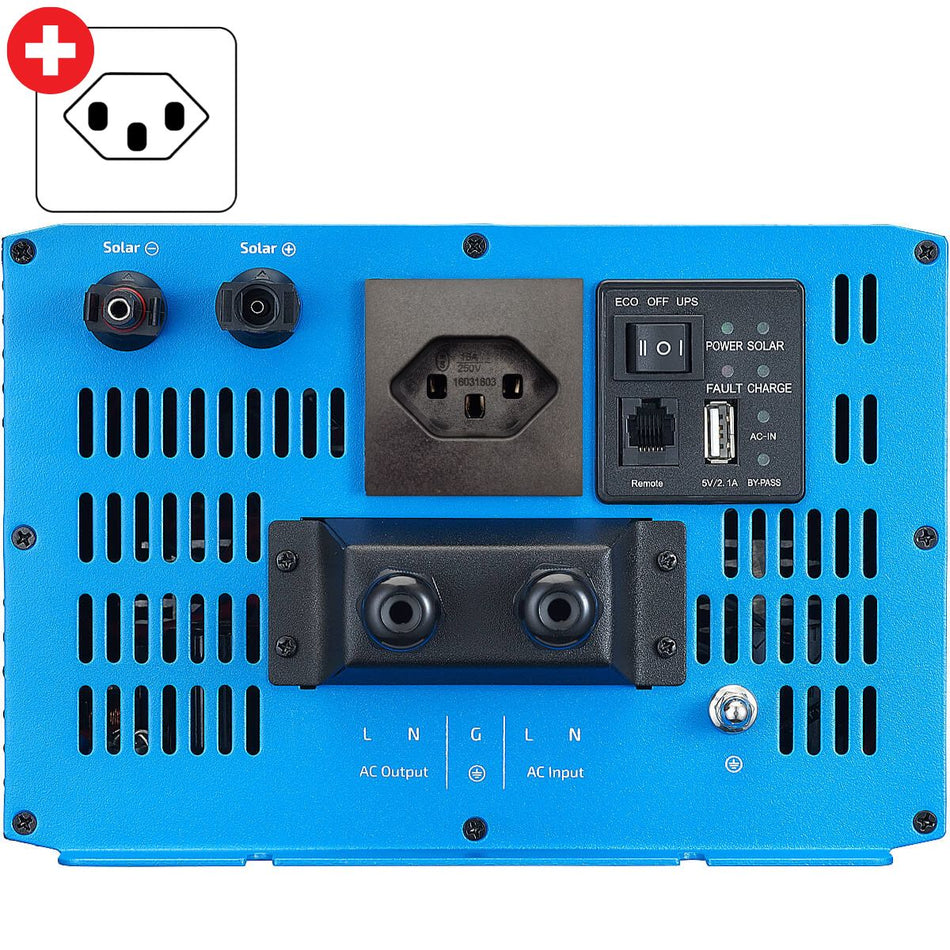 SSI 10 Sinus-Wechselrichter 1000W 12V mit Netzvorrang, Ladegerät & MPPT Laderegler (CH-Stecker)