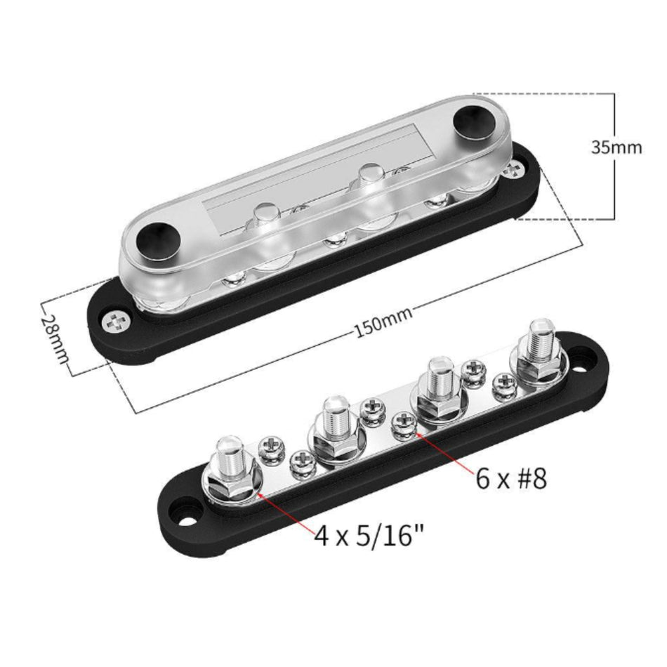 Jeu de barres omnibus de qualité marine | 150 A | 4 x M8, 6 x M4