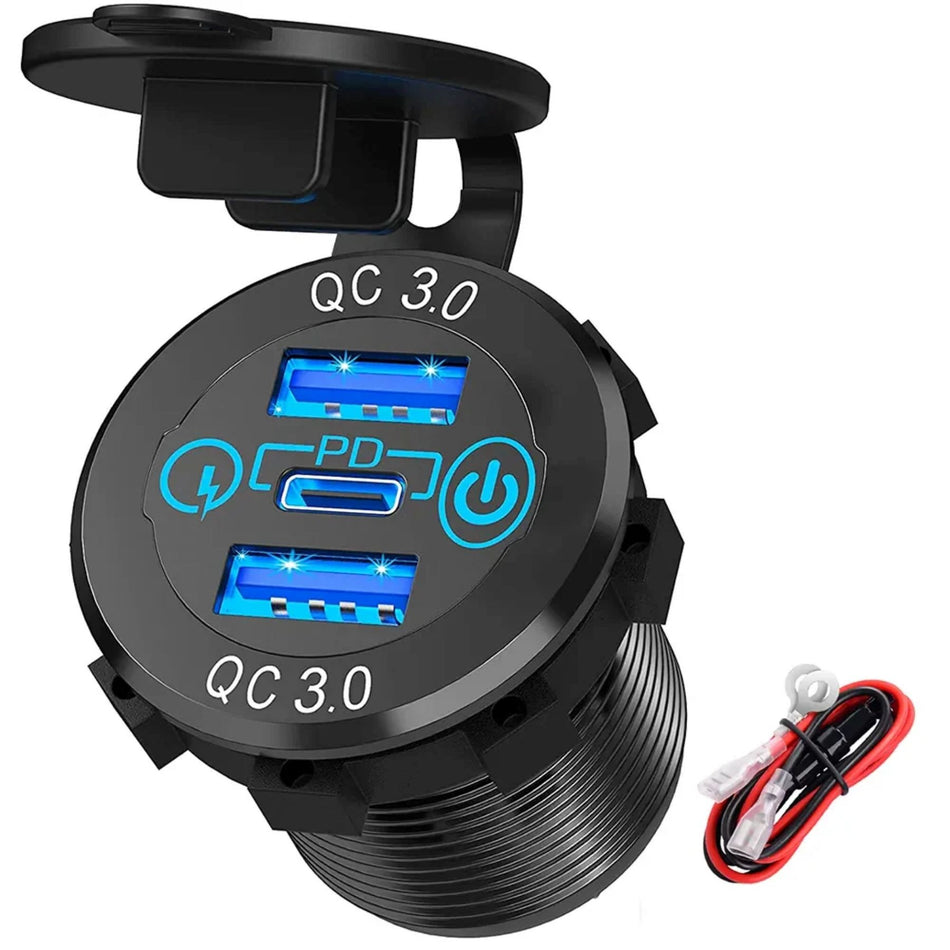 USB Einbaubuchse | 1 x USB-C 30W & 2 x USB-A 18W | mit Staubschutzabdeckung