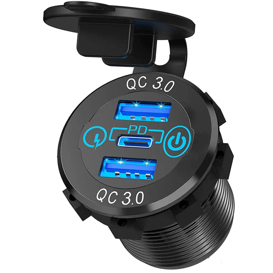 USB Einbaubuchse | 1 x USB-C 30W & 2 x USB-A 18W | mit Staubschutzabdeckung