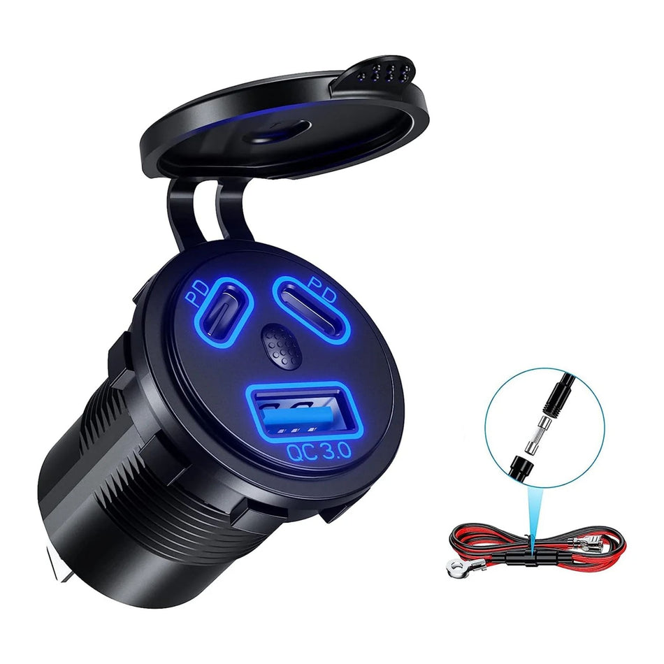USB Einbaubuchse | 1 x USB-A, 2 x USB-C PD | Quick Charge 3.0 mit On-/Off-Schalter & Status-LED