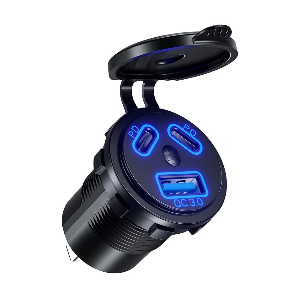 USB Einbaubuchse | 1 x USB-A, 2 x USB-C PD | Quick Charge 3.0 mit On-/Off-Schalter & Status-LED