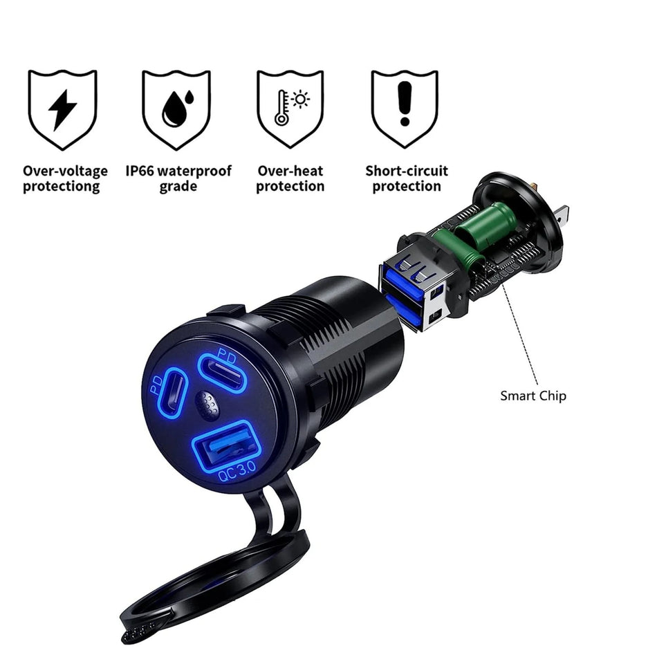 USB Einbaubuchse | 1 x USB-A, 2 x USB-C PD | Quick Charge 3.0 mit On-/Off-Schalter & Status-LED