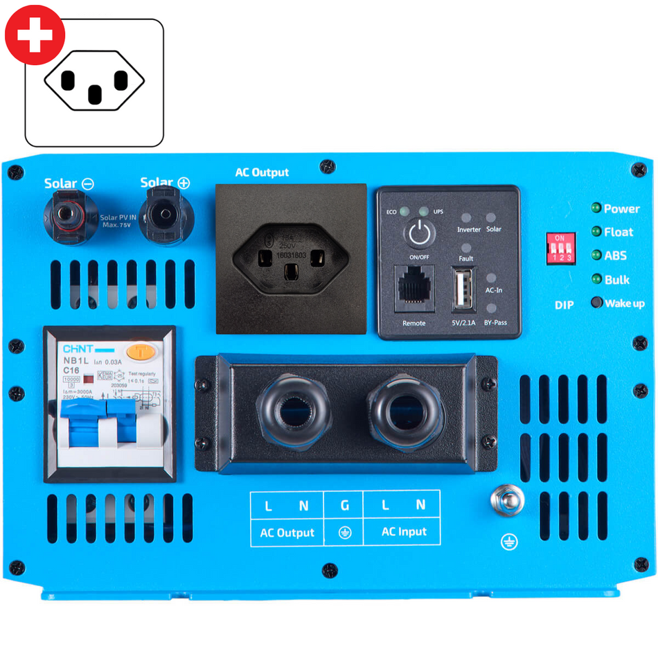 Onduleur sinusoïdal 4 en 1 SSI 15 PRO 1500 W/12 V avec priorité au réseau, chargeur et contrôleur de charge MPPT (prise CH)