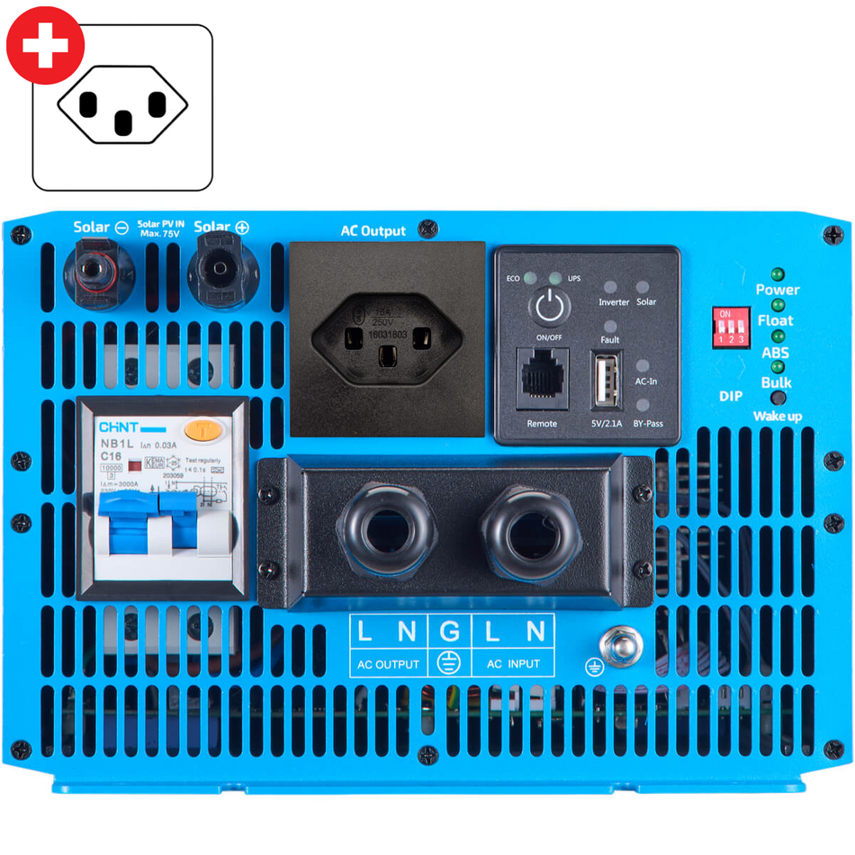 SSI 30 PRO 3000W/12V 4in1 Sinus-Wechselrichter mit Netzvorrang, Ladegerät & MPPT Laderegler (CH-Stecker)